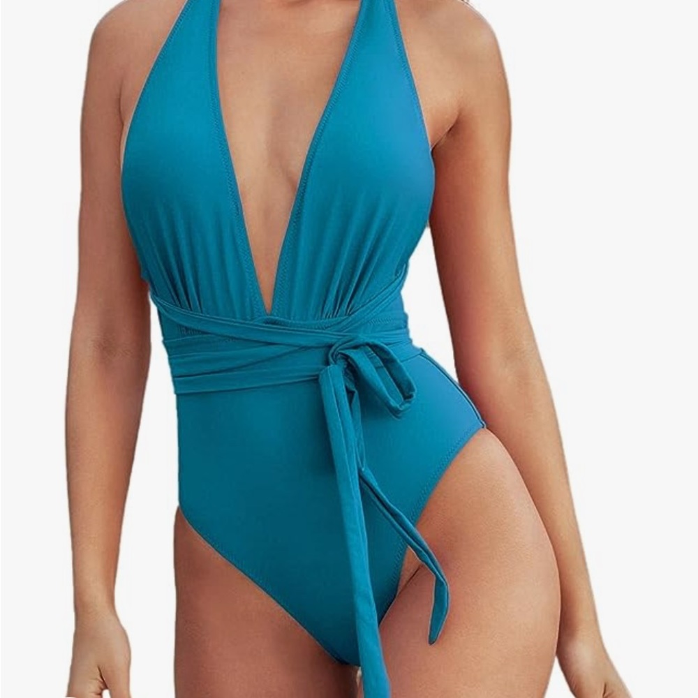 Cupshe blue tie plunge swimsuit M